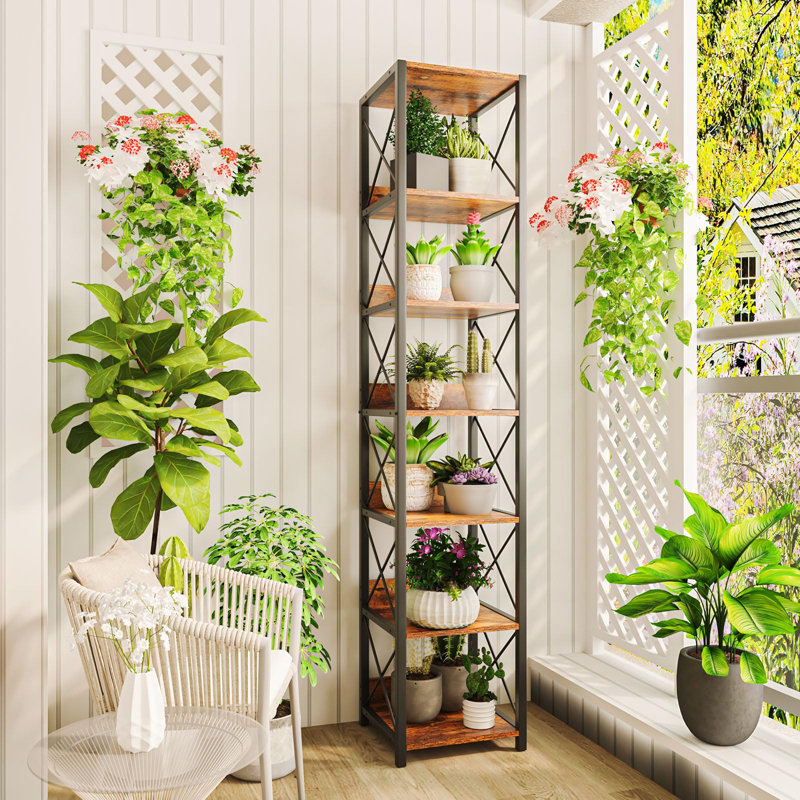 6 Tier Tall Narrow Bookcase Wood Corner Shelf Storage Display Rack Free Standing Open Bookshelf Square Shelf Tower Rustic Brown